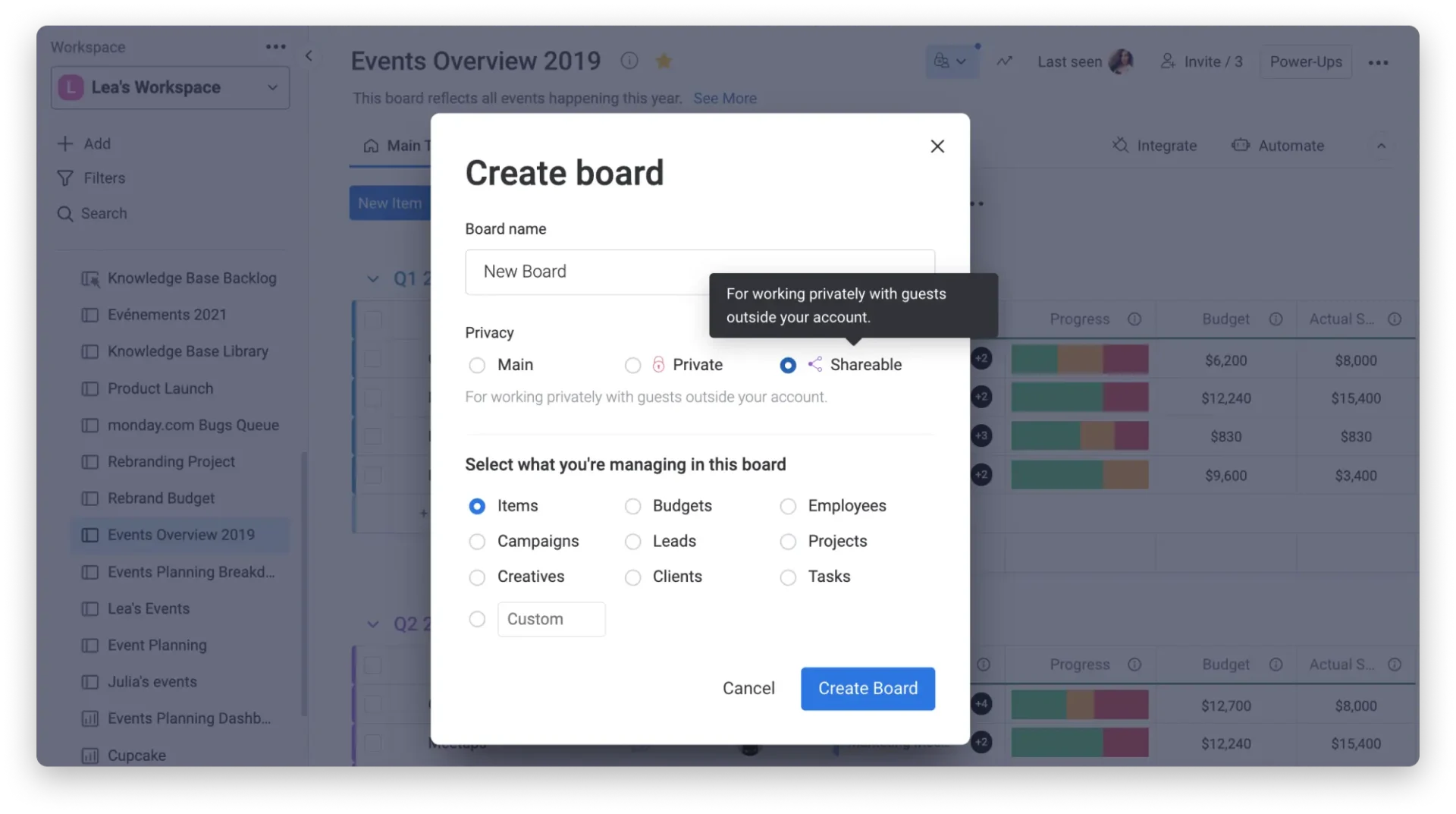 Capture d'écran de la plateforme monday.com avec le curseur sur l'option 'Créer un tableau partageable', mettant en avant la possibilité de collaborer avec des invités externes.