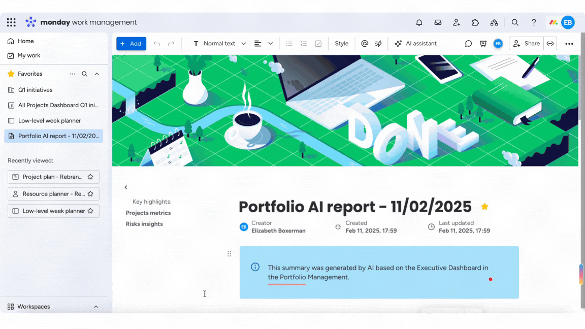 GIF showing how AI-generated executive reports are displayed in monday.com’s portfolio solution
