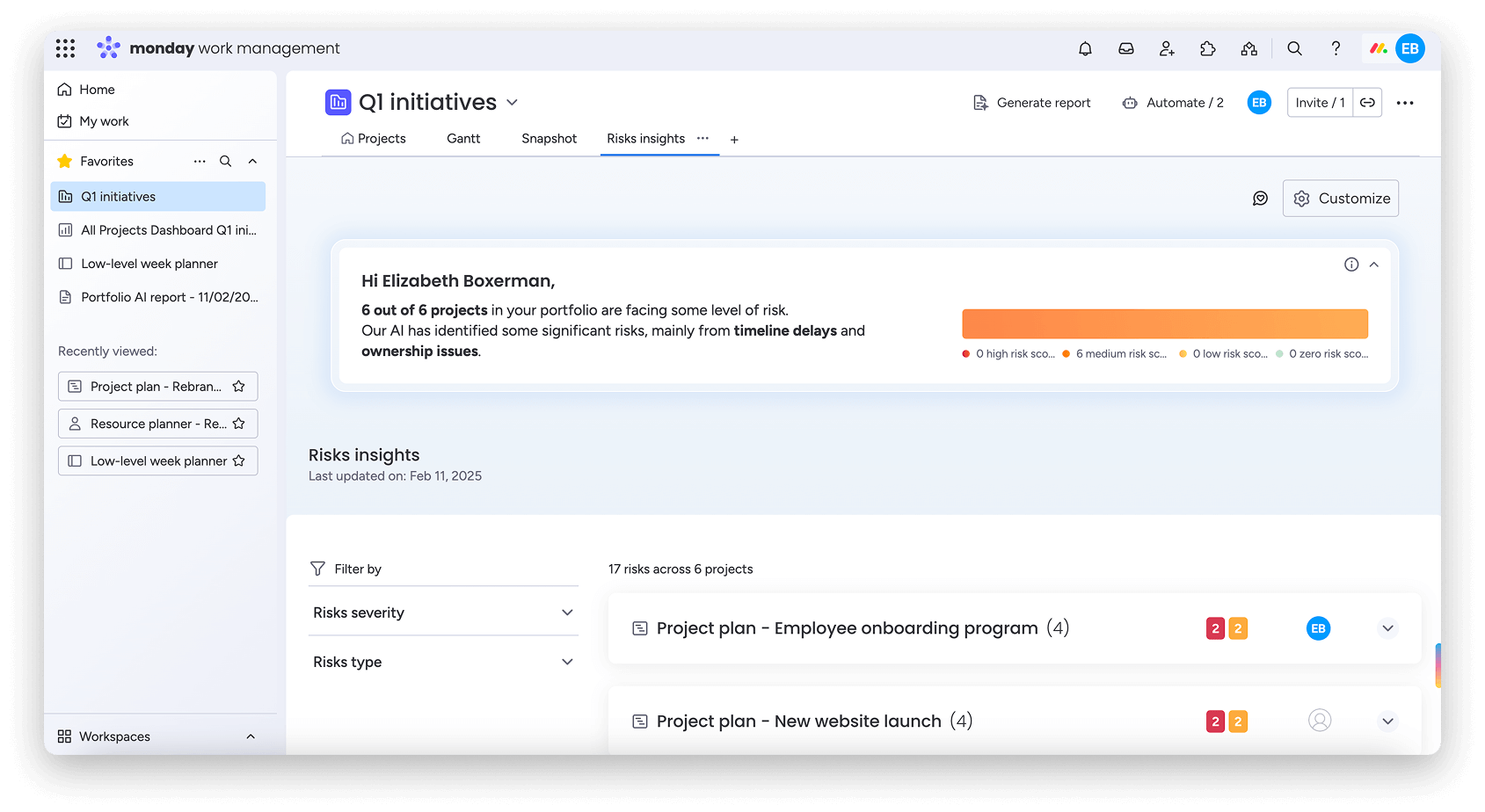 Screenshot of the risk insights view that is accessible in monday.com's portfolio solution