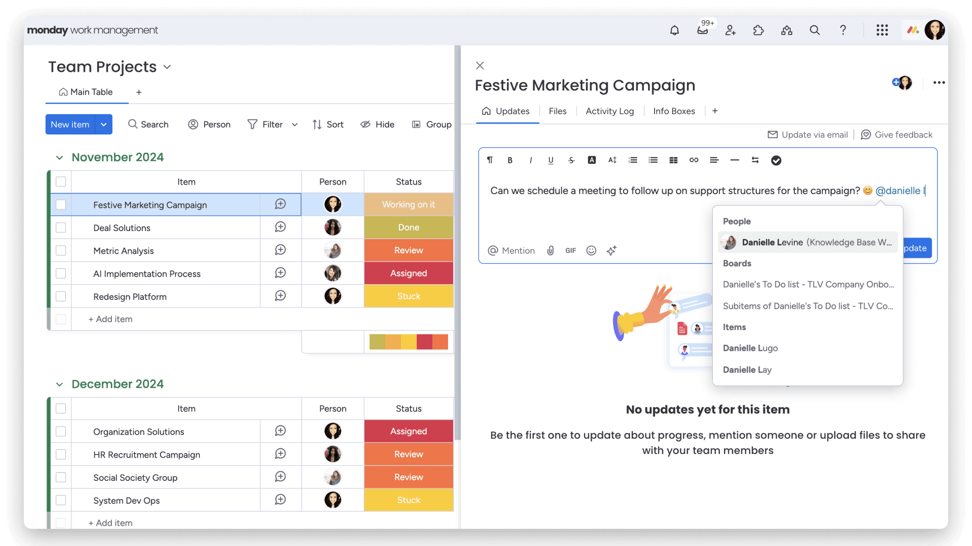 Screenshot of a user updating a colleague by logging a task status on a project management board.