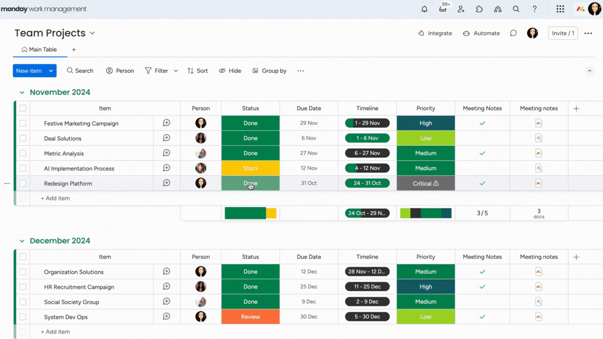 GIF of a monday.com project management board titled 'Team Projects,' showing a task status changing from "Stuck" to "Done."