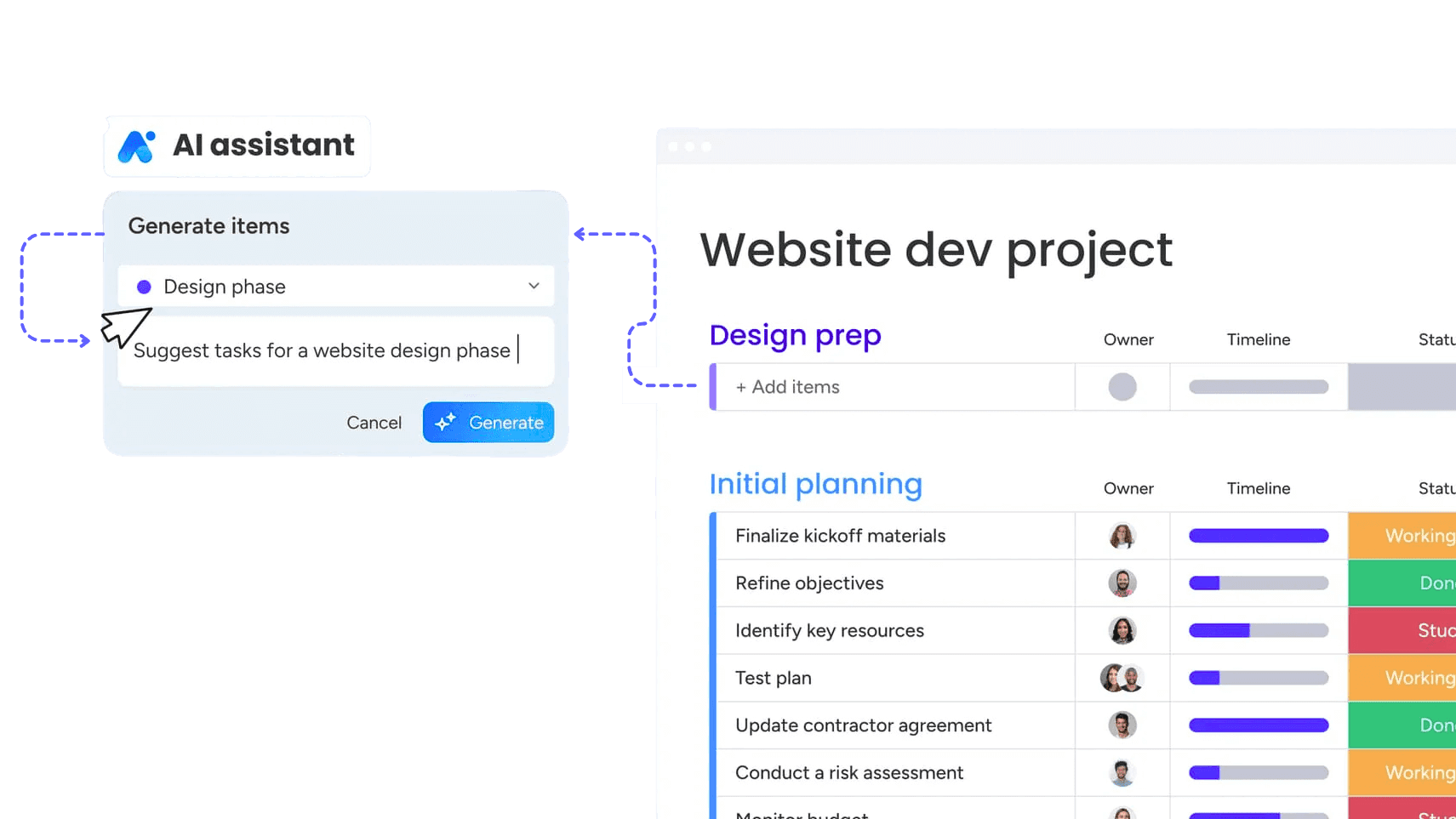 Screenshot van een monday.com-projectbord voor websiteontwikkeling, waarin AI kan helpen taken voor de designfase van het project voor te stellen.