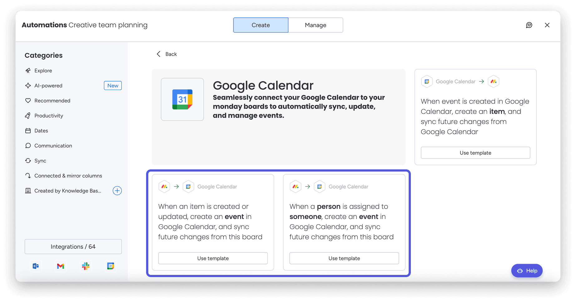 Monday.com Automatiseringscentrum waarop te zien is hoe je je Google Agenda kunt integreren in workflows voor het beheren van taken.