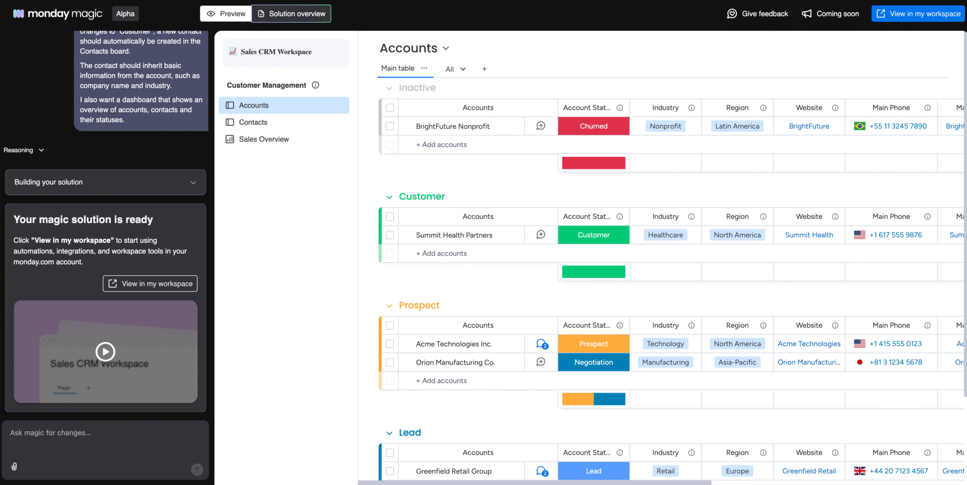 Screenshot van monday magic in actie, waarbij een werkend CRM wordt opgebouwd met gekoppelde accounts, contacten en een dashboard; links het promptveld, rechts de gegenereerde werkomgeving.